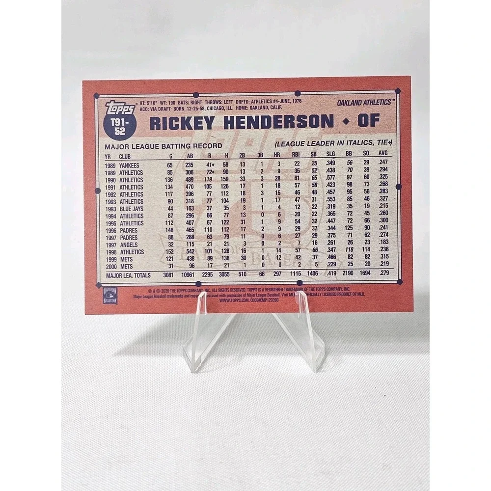 2026 Topps Series 1 1991 Topps #T91-52 Rickey Henderson Oakland Athletics NY HOF